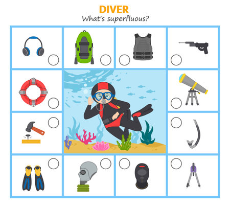 Game for kids. diver. What's superfluous? preschool worksheet activity. Children funny riddle entertainment for the development of logical thinkingのイラスト素材