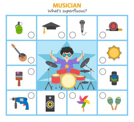 Game for kids. musician. What's superfluous? preschool worksheet activity. Children funny riddle entertainment for the development of logical thinkingのイラスト素材