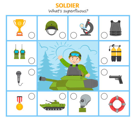 Game for kids. soldier. What's superfluous? preschool worksheet activity. Children funny riddle entertainment for the development of logical thinkingのイラスト素材