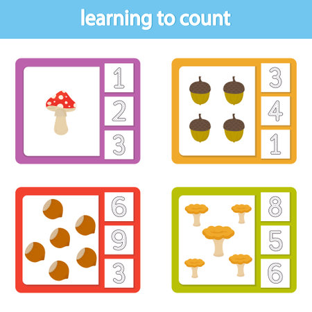 Cards for learning to count from 1 to 10. mushrooms and leaves. A game for the development of intelligence and logic for preschool children. Vector illustration. printable sheetのイラスト素材