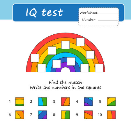 Educational logical game for kids. Rainbow. Find a match. Write the numbers in the squares. I.Q. Test. Activity for preshool years kids and toddlers. Worksheetのイラスト素材