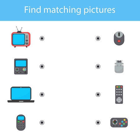 Game for children to develop logic. Find matching pictures. TV, set-top box, phone, laptop. vector illustrationのイラスト素材