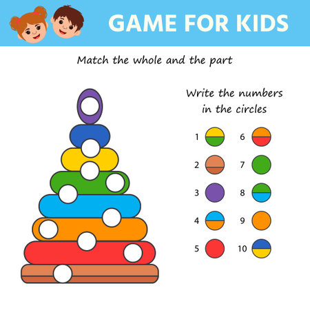 Game for the development of logic for children. Match the whole and the part by color. Pyramid. Write the numbers in the circles. vector illustrationのイラスト素材