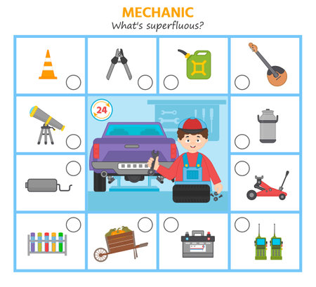 Game for kids. Auto mechanic and tools. What's superfluous Preschool worksheet activity. Children funny riddle entertainment for the development of logical thinkingのイラスト素材