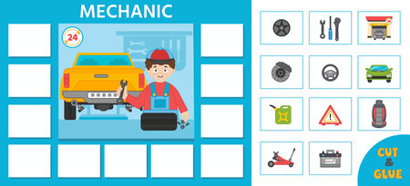 Educational game for kids. learning cards. Professions. Auto mechanic and tools. preschool worksheet activity. vector illustrationのイラスト素材