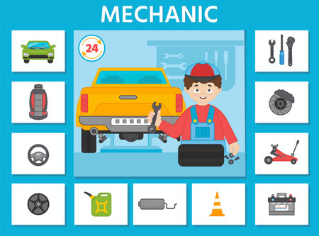 Educational game for kids. learning cards. Professions. Auto mechanic and tools. preschool worksheet activity. vector illustrationのイラスト素材