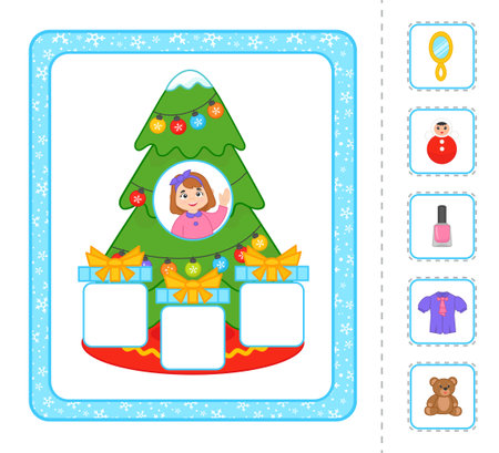 Game for kids. Cards - puzzles, stickers, stickers, Velcro. Christmas gifts under the Christmas tree. vector illustrationのイラスト素材
