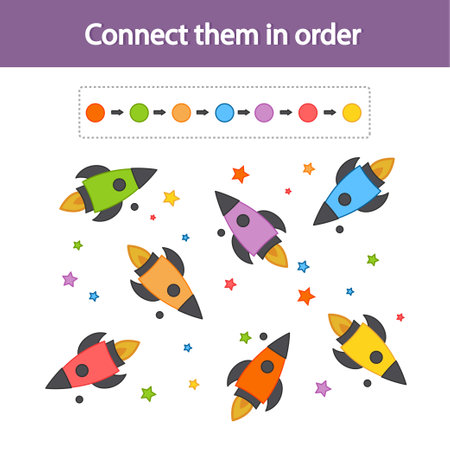 Game for the development of logic for children. Connect according to the sample according to the color. rockets. vector illustrationのイラスト素材