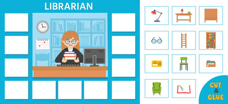 Educational game for kids. educational cards. Professions. Librarian and library equipment. preschool workbook. vector illustrationのイラスト素材