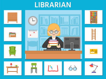 Educational game for kids. educational cards. Professions. Librarian and library equipment. preschool workbook. vector illustrationのイラスト素材