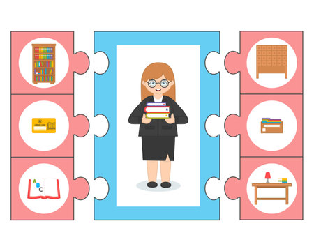 Profession puzzles. Librarian and his accessories. Logic game for kids. vector illustrationのイラスト素材