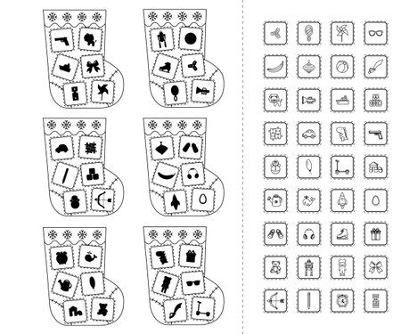 Game for preschool children. Find the correct shadow. Christmas gifts in a boot. printable sheetのイラスト素材