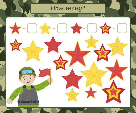 Educational game for kids. Counting training. Count the stars. military. printable activity sheet. vector illustrationのイラスト素材