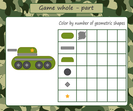 Educational game for kids. The whole is a part. What geometric shapes does the drawing consist of. military. printable activity sheet. vector illustrationのイラスト素材
