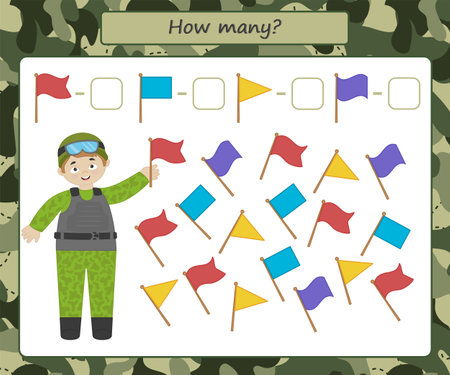 Educational game for kids. Count the number of flags. military. printable activity sheet. vector illustration.のイラスト素材