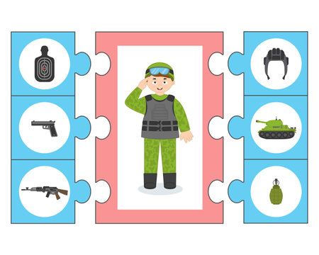 Game for kids. Puzzle. soldier. military educational activity. profession. Preschool worksheet activity for children. vector illustrationのイラスト素材