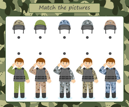 Game for kids. Profession card. Set of people in different military uniforms. military educational activity. Find a match picture. Preschool worksheet activity for children. vector illustrationのイラスト素材