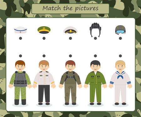 Game for kids. Profession card. Set of people in different military uniforms. military educational activity. Find a match picture. Preschool worksheet activity for children. vector illustrationのイラスト素材