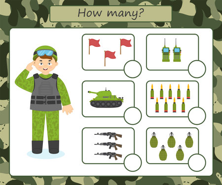 Game for kids. Count the number of items. military educational activity. Preschool worksheet activity for children. vector illustrationのイラスト素材