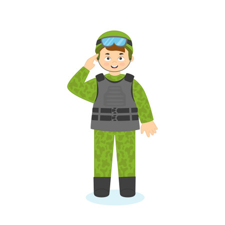 Cute army soldier wearing helmet in cartoon character style. military vector illustrationのイラスト素材