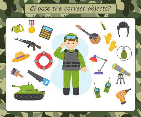 Game for the development of logic and attention in children. Choose the correct objects Military. Printed sheet. Practice test iq. Activity for preschool years kids and toddlers. Vector illustrationのイラスト素材