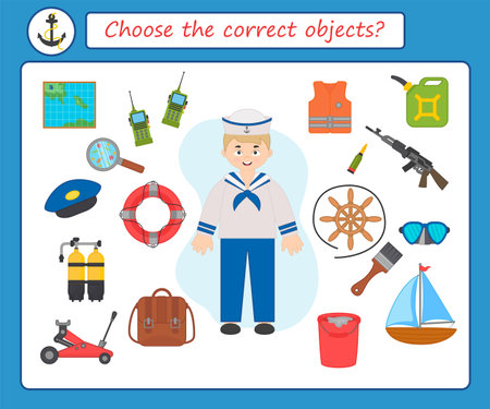 Game for preschool children. Find and circle suitable items. Sailor. Vector illustration. Press sheet. The development of logic in preschool childrenのイラスト素材