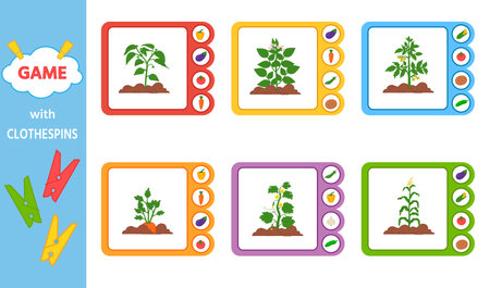 Game for children. Clothespin cards. Garden. Vector illustration. Sheet for printing. The development of logic in preschool childrenのイラスト素材