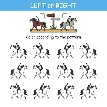 Game for preschool children. Match the cards with the cars and color them according to the pattern. Orientation in space. Left and rightのイラスト素材