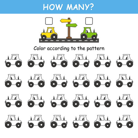 Game for preschool children. Match the cards with the cars and color them according to the pattern. Orientation in space. Left and rightのイラスト素材