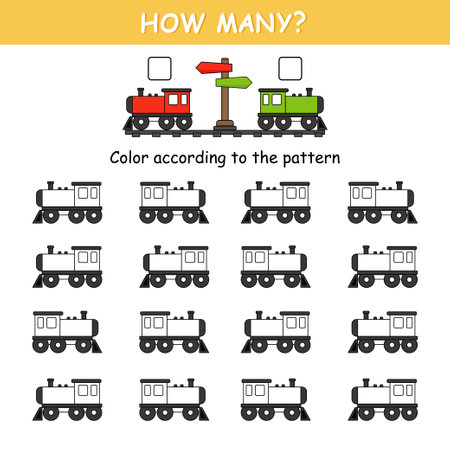 Game for preschool children. Match the cards with the cars and color them according to the pattern. Orientation in space. Left and rightのイラスト素材