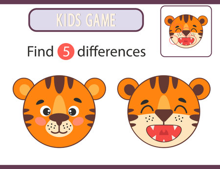 Funny face circle kawaii tiger. Game find 5 differences between pictures. Printable sheetのイラスト素材