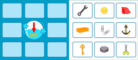 A game to develop logic and physical laws for young children. Identify the objects: sinking or floating. Printable worksheet. Vector illustrationのイラスト素材