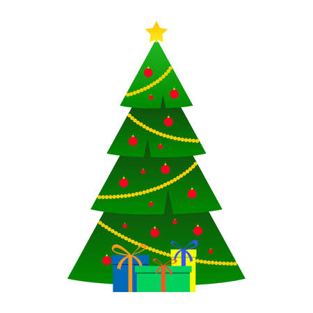 Star, decoration balls and light bulb chain christmas tree decorated with gift boxes. Vector illustration isolated on white.のイラスト素材