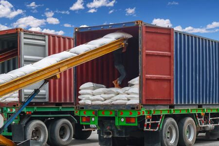 Workers stuff cargo bags of sugar into container on trailer using conveyor belt.の写真素材