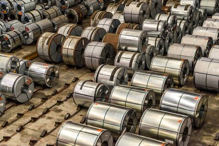 Raw material Handling: Steel coil storing inside warehouseの写真素材