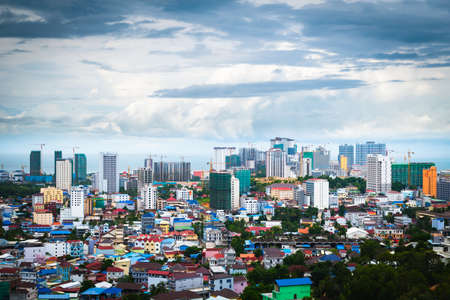 Sihanoukville, Cambodia- July 06, 2020: High angle view of city and high rise building under construction. Fast growing economy from Chinese investment.のeditorial素材