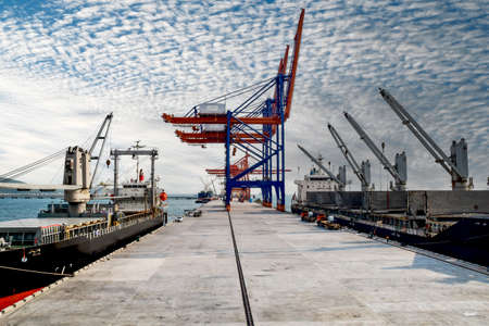 Top view of seaport terminal, vessel discharging general cargo at the port.の素材 [FY310172496202]