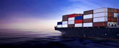 Container ship on the calm ocean with purple sky background and copy space. Container shipping, cargo shipping, and logistics concept.の写真素材