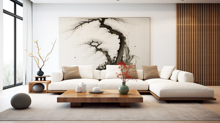 Modern living room interior design with white sofa and wooden coffee table. 3D Renderingの素材