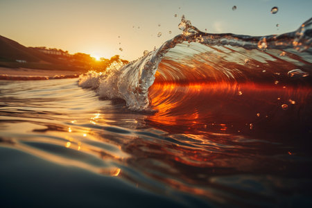 Beautiful wave with splashes on the background of the sunset.の素材
