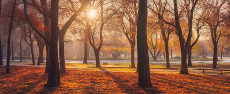 Autumn park in the morning with sunbeams and lens flareの素材