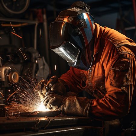 Industrial worker with protective mask welding metal at factory. Industrial and safety concept.の素材