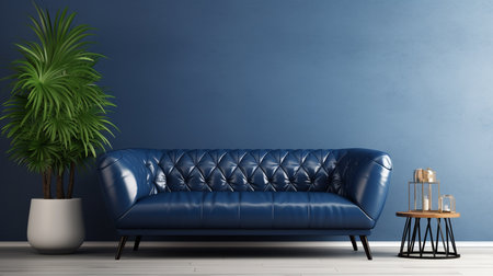 Blue sofa in modern living room with plants - 3D Renderingの素材