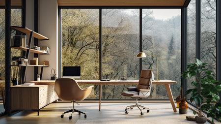 Interior of modern office with panoramic window. 3d renderの素材