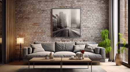 interior modern bright room with grey sofa 3D rendering illustration computer generated imageの素材