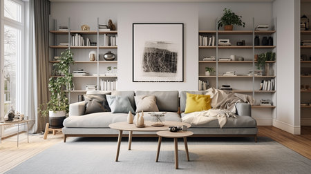 Interior of modern living room with grey sofa, coffee table and bookshelf - 3d renderingの素材
