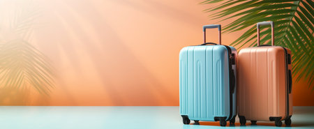 Two travel suitcases and palm leaves on orange background. 3d renderingの素材