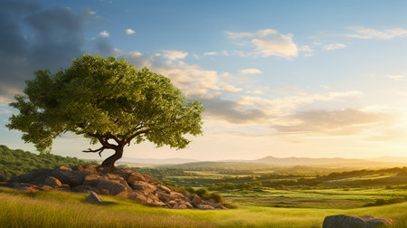 Lonely tree in the field at sunset. 3d renderの素材