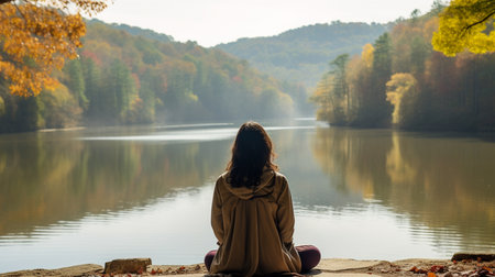 Young woman sitting on the bank of the lake and looking at autumn forestの素材
