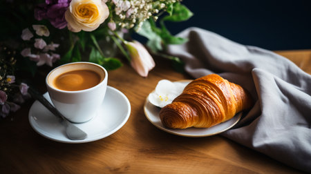 Coffee and croissant on a wooden table with flowersの素材